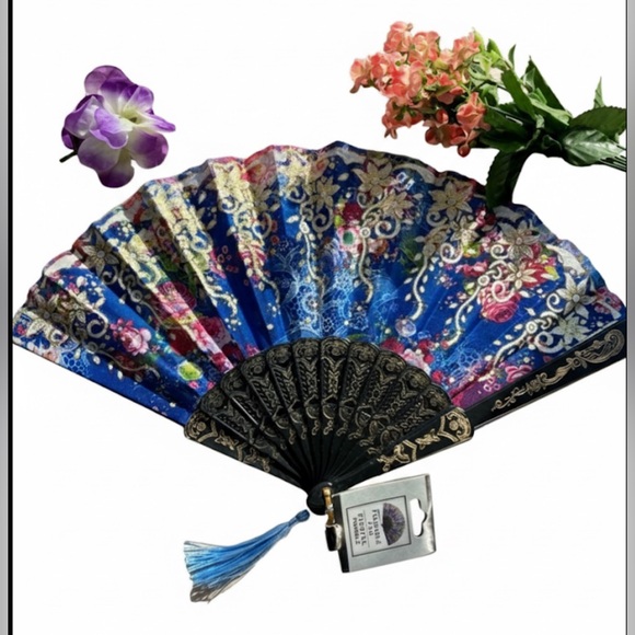 ✨NEW Elegant Blue Floral Hand Fan 🪭 9” - Picture 4 of 4